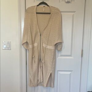Free People Cream Zip-Front Long Knit Cardigan